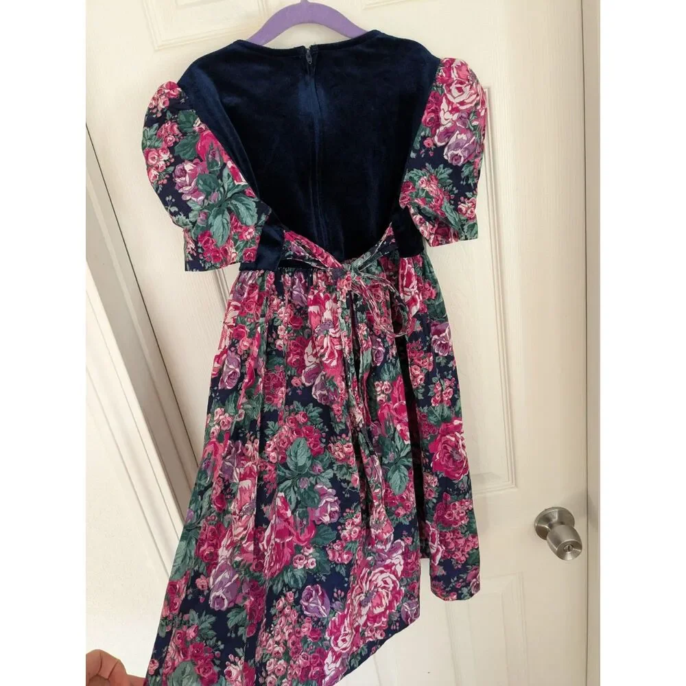 Vintage Kokomo Kids Floral and Velvety Dress - Size 10 - Blue, Pink, Green